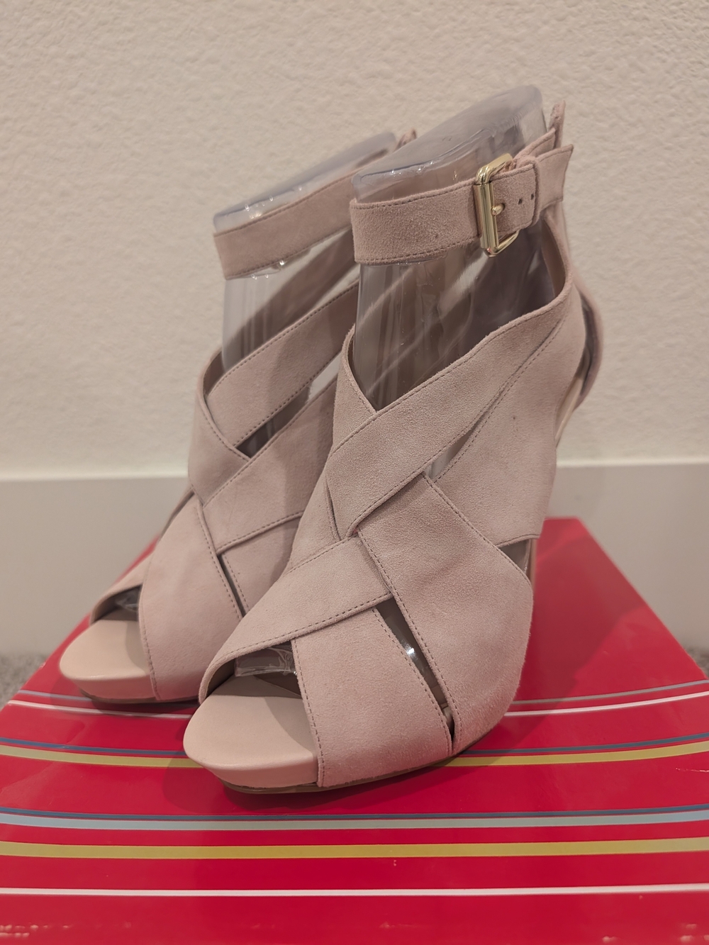 Women’s Blush Suede Peep-Toe Crisscross Strappy Y2k Heels 7.5